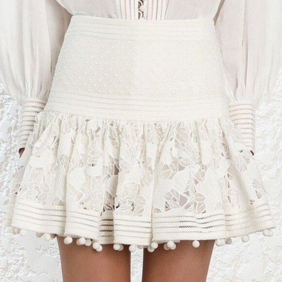 Zimmermann Corsage Pompom Embellished Guipure Lace Swiss Dot Tulle Mini Size 0 - Picture 1 of 16